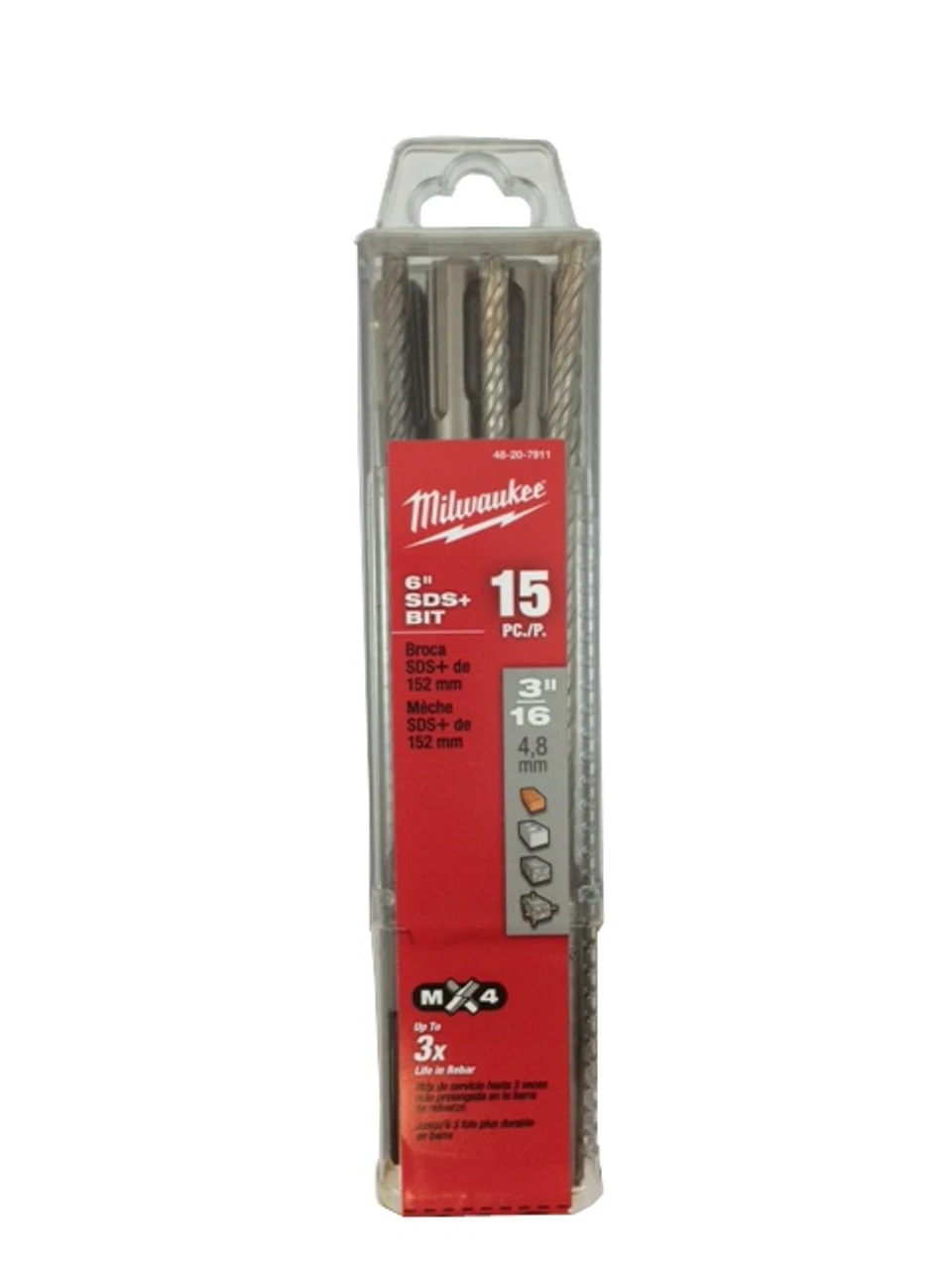 Milwaukee 48-20-7911 3/16 In. X 6 In. MX4 SDS+ Carbide Drill Bits 15pk 1 Milwaukee 48-20-7911 3/16 In. X 6 In. MX4 SDS+ Carbide Drill Bits 15pk