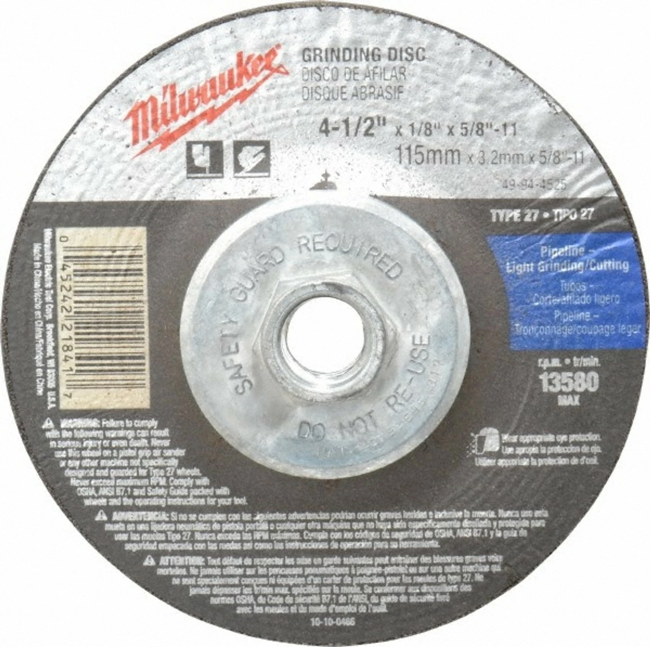 Milwaukee 49-94-4525 4-1/2 In. X 1/8 In. X 5/8-11 In. Grinding Wheel 1 Milwaukee 49-94-4525 4-1/2 In. X 1/8 In. X 5/8-11 In. Grinding Wheel