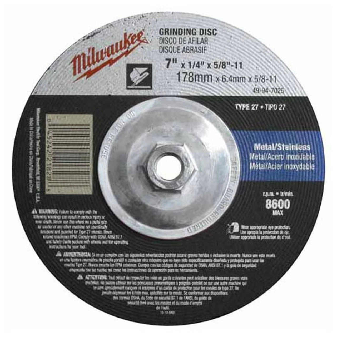 Milwaukee 49-94-7025 7 In X 1/4 In X 5/8-11 In Grinding Wheel(Type 27) 1 Milwaukee 49-94-7025 7 In X 1/4 In X 5/8-11 In Grinding Wheel(Type 27)