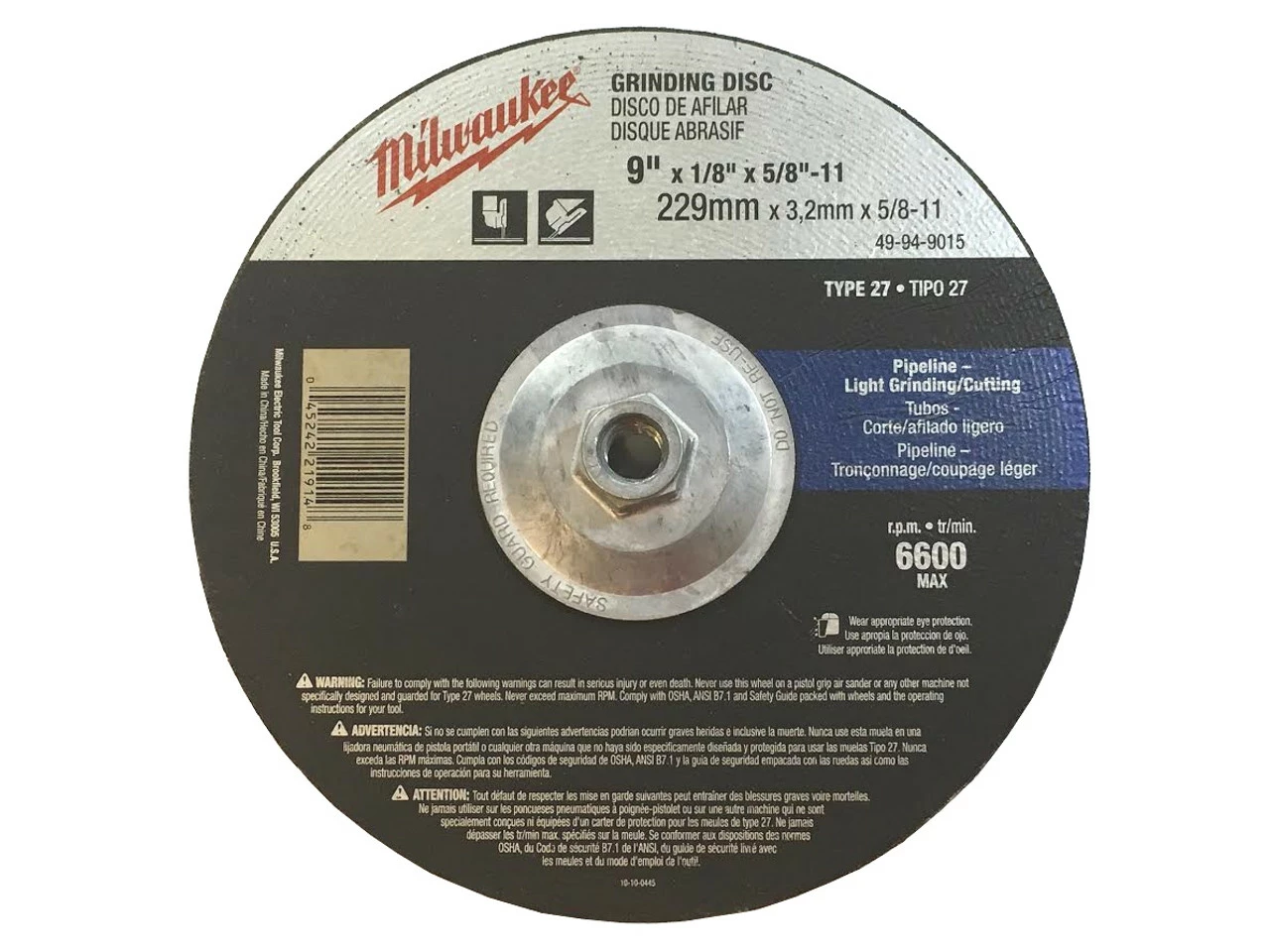 Milwaukee 49-94-9015 9 In X 1/8 In X 5/8-11 In Grinding Wheel Type 27 1 Milwaukee 49-94-9015 9 In X 1/8 In X 5/8-11 In Grinding Wheel Type 27