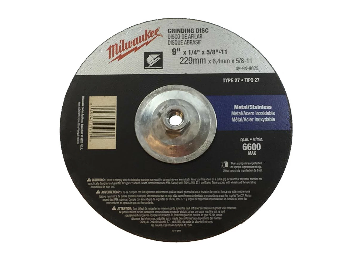 Milwaukee 49-94-9025 9 In X 1/4 In X 5/8-11 In Grinding Wheel Type 27 1 Milwaukee 49-94-9025 9 In X 1/4 In X 5/8-11 In Grinding Wheel Type 27
